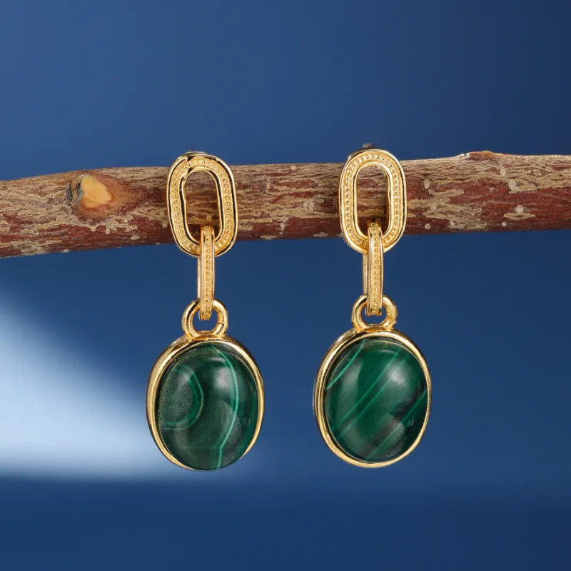 Boucles d’Oreilles Malachite  ''Harmonie Dorée'' Argent Plaqué Or