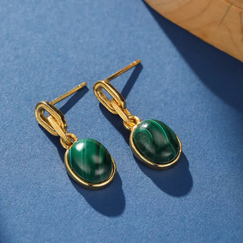 Boucles d’Oreilles Malachite  ''Harmonie Dorée'' Argent Plaqué Or