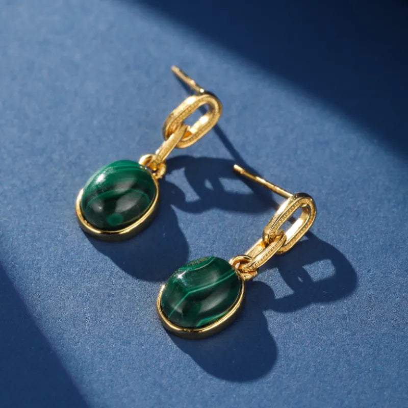 Boucles d’Oreilles Malachite  ''Harmonie Dorée'' Argent Plaqué Or