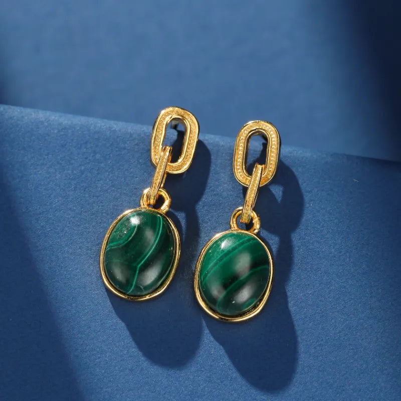 Boucles d’Oreilles Malachite  ''Harmonie Dorée'' Argent Plaqué Or