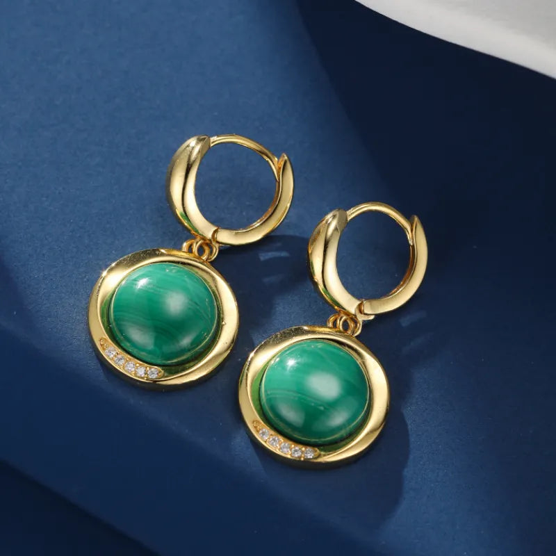 Malachite Earrings "Green Moon" Gold Plated Silver