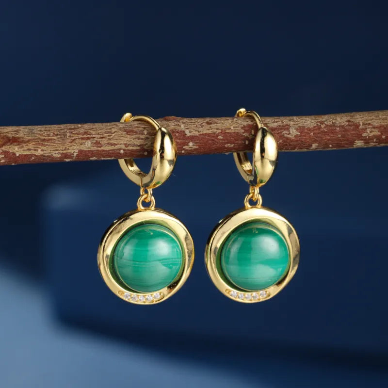 Boucles d’Oreilles Malachite "Lune Verte" Argent Plaqué Or