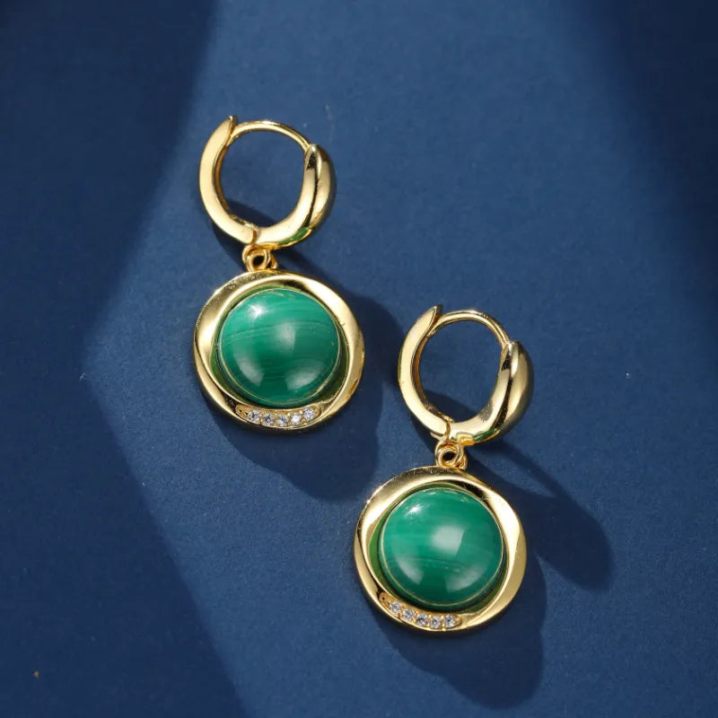 Boucles d’Oreilles Malachite "Lune Verte" Argent Plaqué Or