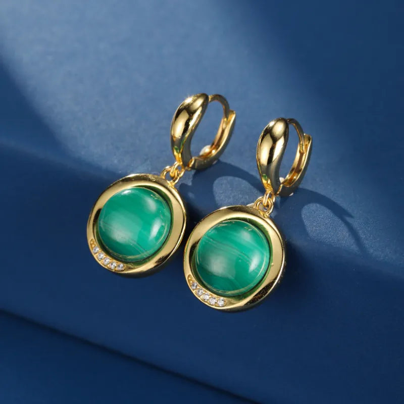 Boucles d’Oreilles Malachite "Lune Verte" Argent Plaqué Or