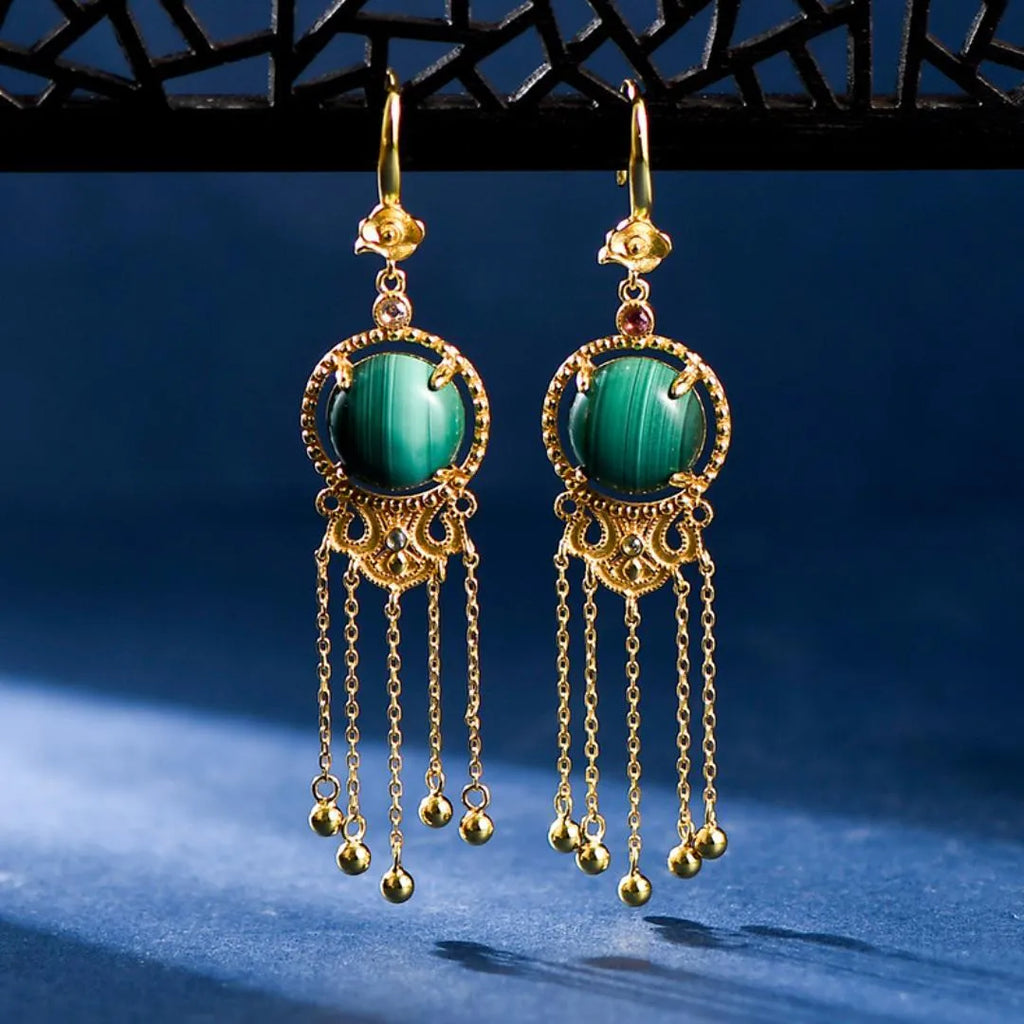 Boucles D'Oreilles Dormeuses Malachite Argent - Style Bohème Chic, Occasion Très Peu Porté
