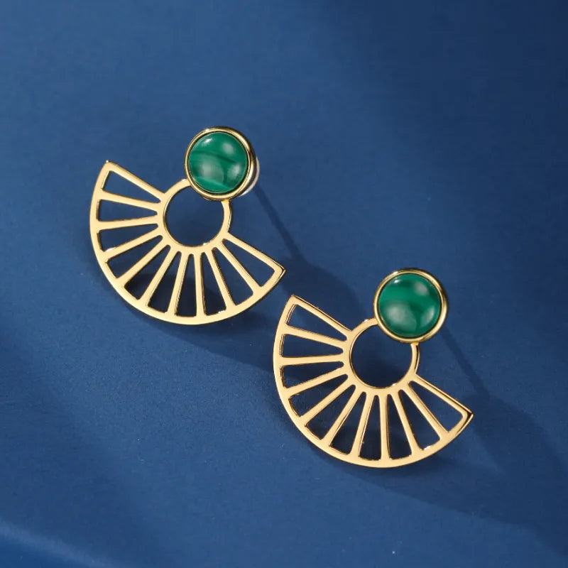 Malachite Earrings "Golden Rays" Silver Plated Gold