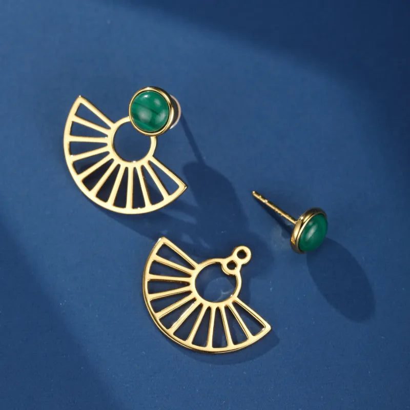 Malachite Earrings "Golden Rays" Silver Plated Gold