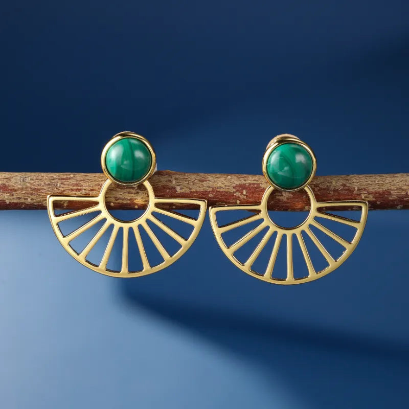 Malachite Earrings "Golden Rays" Silver Plated Gold