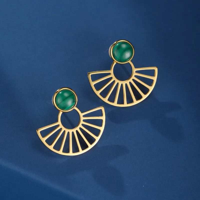 Malachite Earrings "Golden Rays" Silver Plated Gold