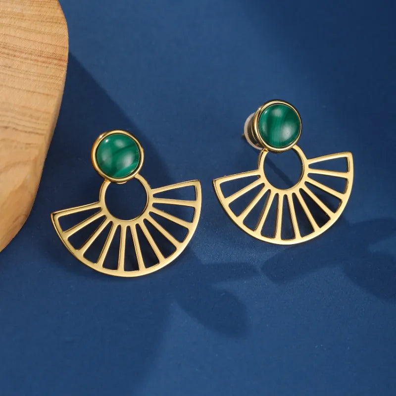 Malachite Earrings "Golden Rays" Silver Plated Gold