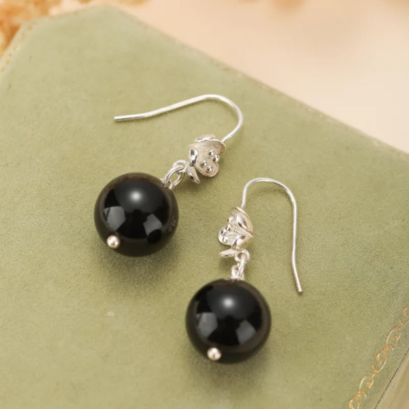 Obsidian Earrings "Protective Bloom" Silver