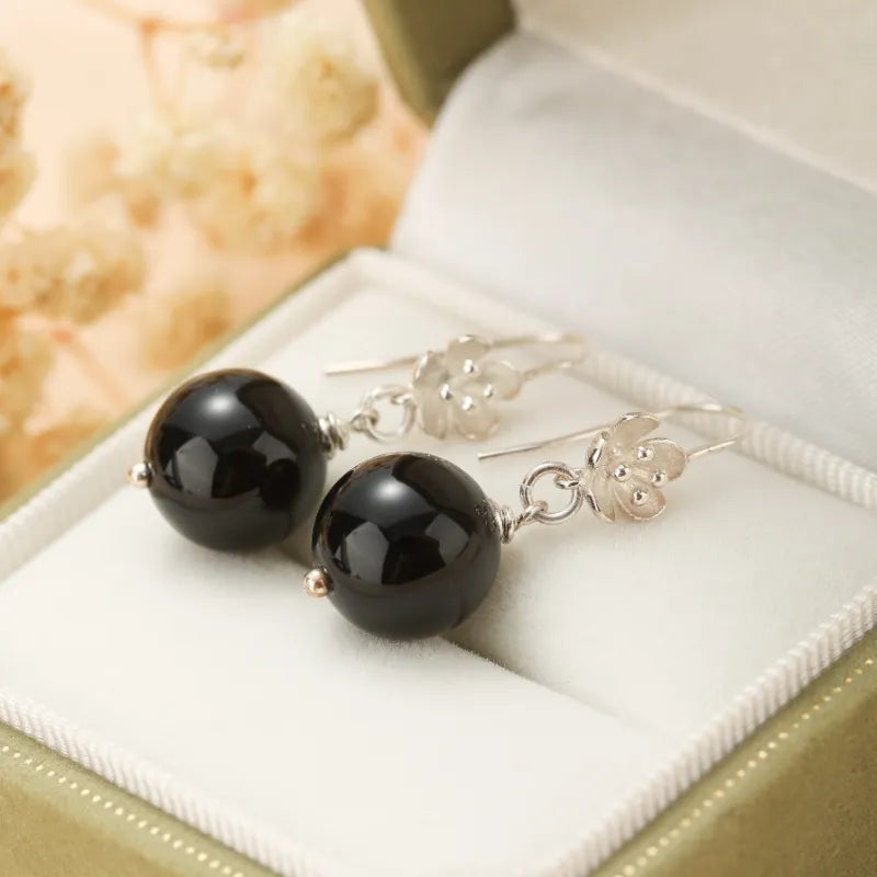 Obsidian Earrings "Protective Bloom" Silver