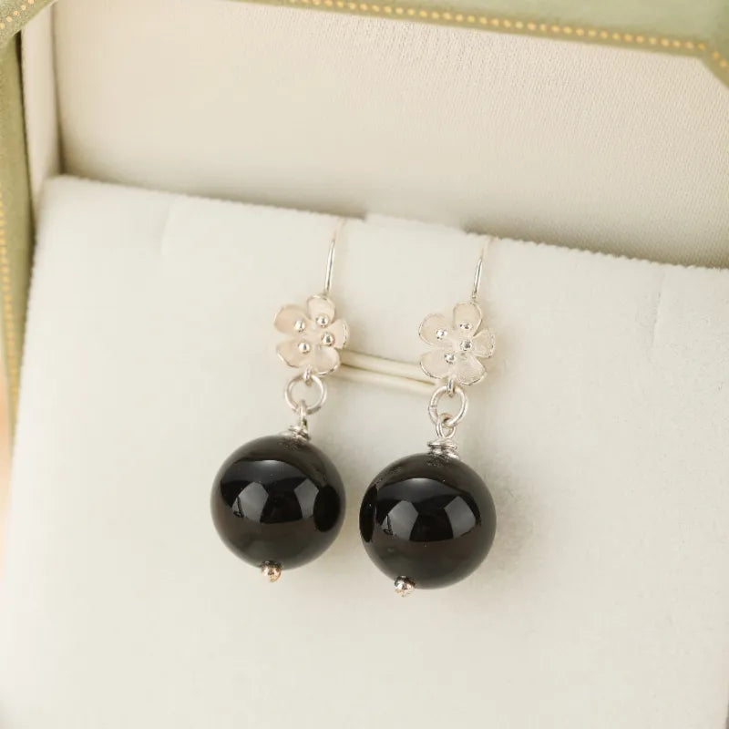 Obsidian Earrings "Protective Bloom" Silver