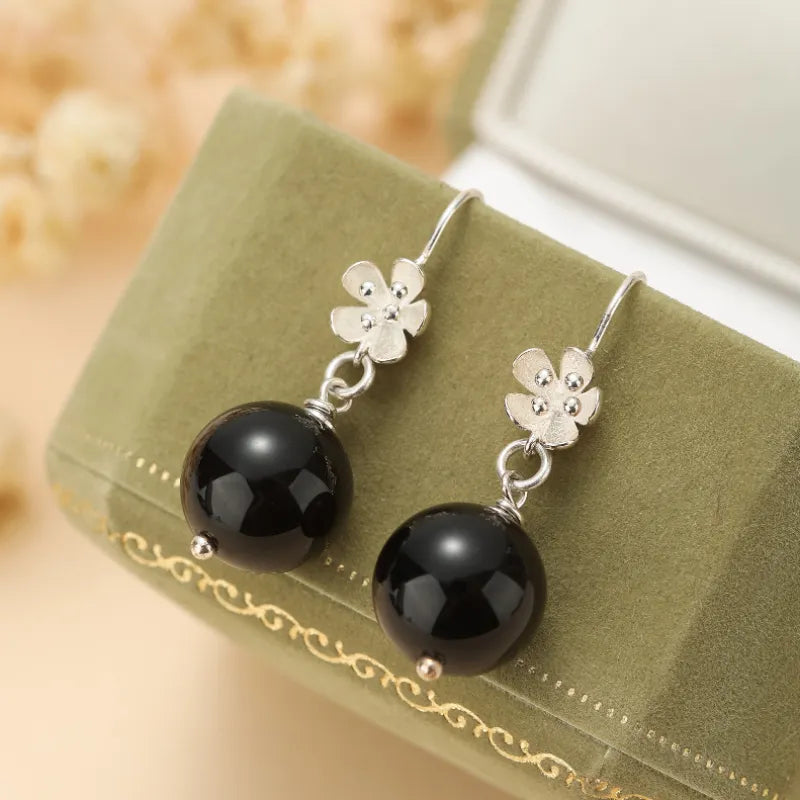 Obsidian Earrings "Protective Bloom" Silver