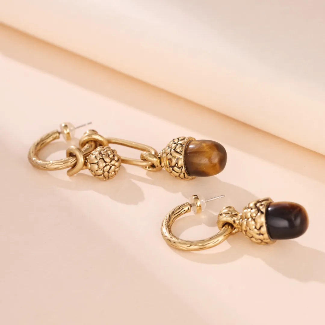 Tiger Eye Earrings "Oak Pearl" Gold