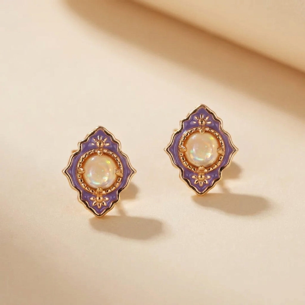Boucles d'Oreilles Opale "Merveille Violet" Argent Doré Or @main