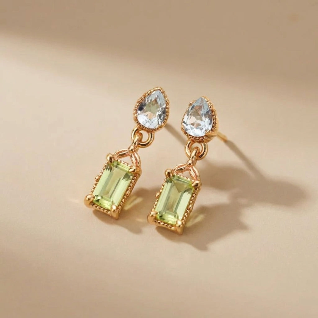 Boucles d'Oreilles Péridot et Topaze "Raffinement Géométrique" Argent Doré Or @main