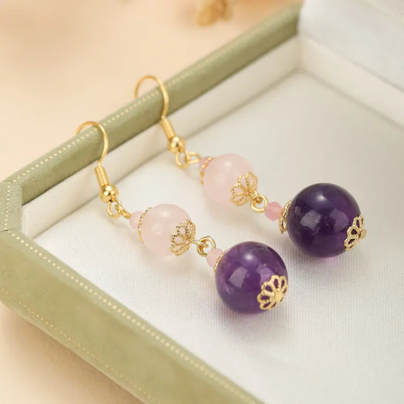 
Pendientes de Cuarzo Rosa y Amatista "Armonía Pastel" Dorado Oro