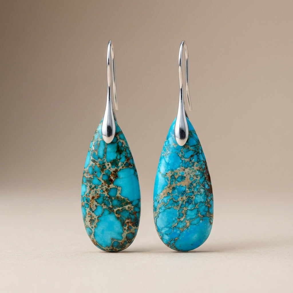 Orecchini Vintage Mokilu' A Monachella - Ottone Dorato 24kt Con Pietra Celeste E Perle - Gioielli Artigianali Toscani, 4x2 Cm, Ipoallergenici