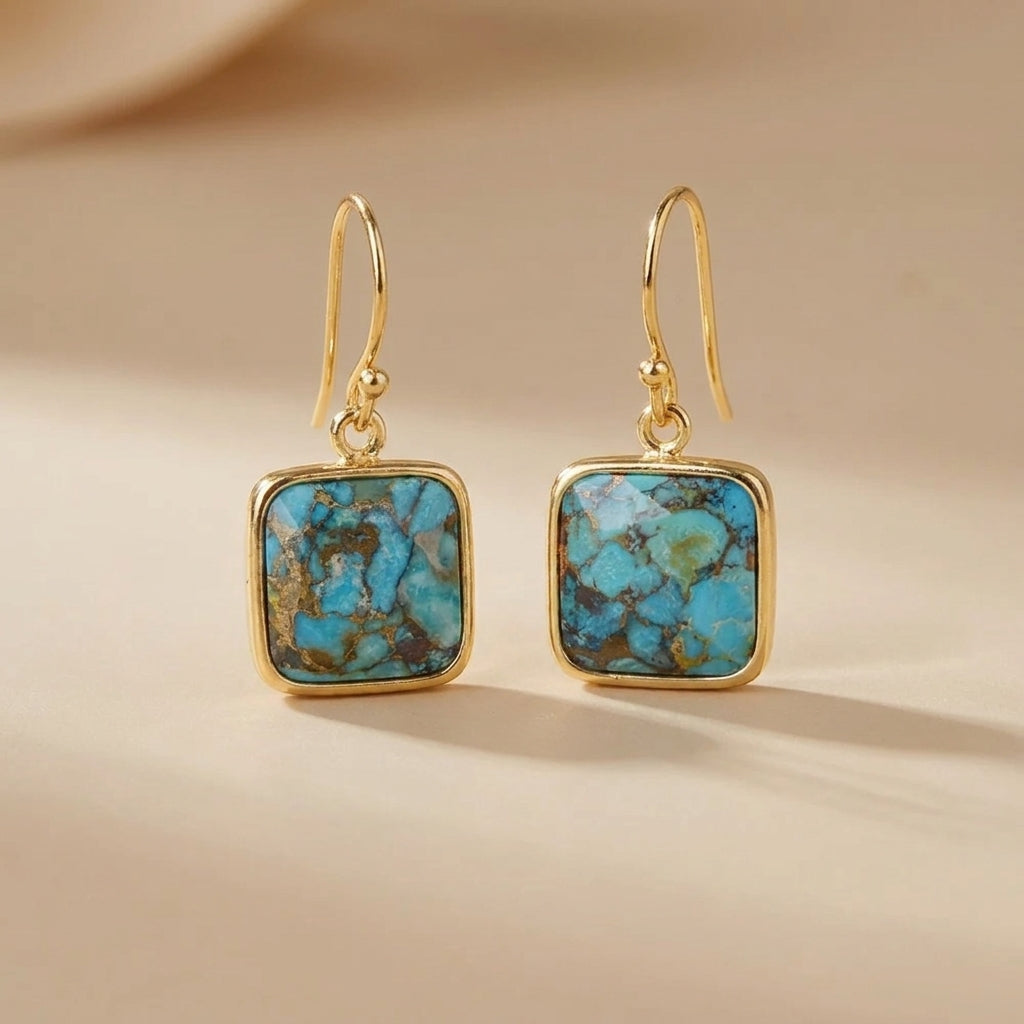 Boucles d'Oreilles Turquoise "Charme Nature" Argent Doré Or @main
