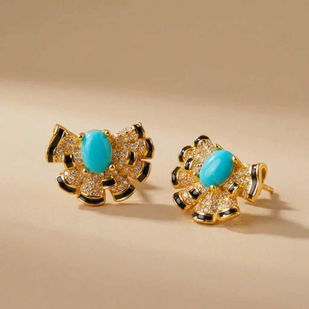 Boucles d'Oreilles Turquoise "Fleur Maritime" Argent Doré Or @main