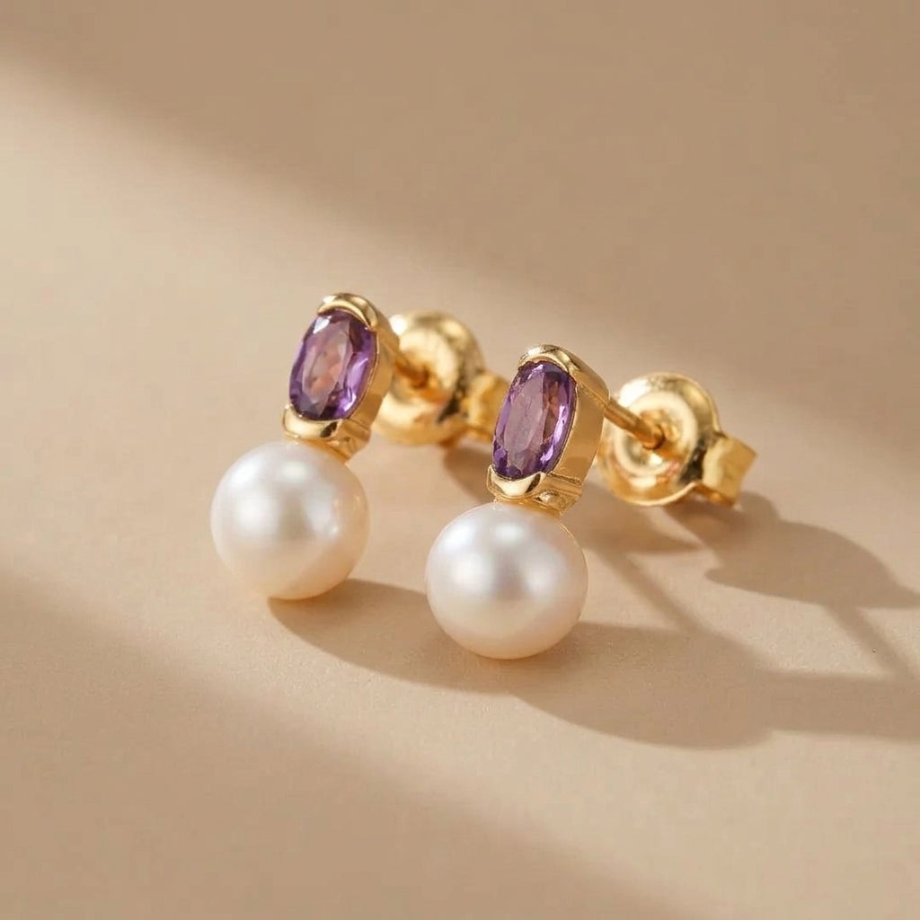 Boucles d'Oreilles Améthyste et Perle "Reflets d'Élégance" Argent Doré Or @main