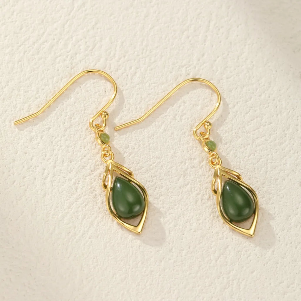 Boucles D'oreilles Vintage En Forme De Goutte Verte - Alliage Argenté, Fermoir Crochet, Bon état