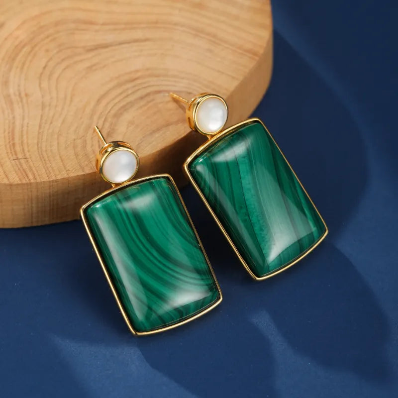 Boucles d’Oreilles Malachite et Nacre ''Sérénade'' Argent Plaqué Or