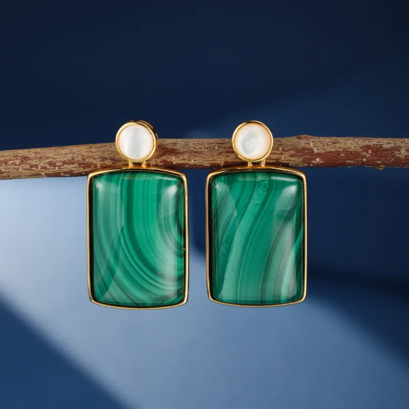 Boucles d’Oreilles Malachite et Nacre ''Sérénade'' Argent Plaqué Or