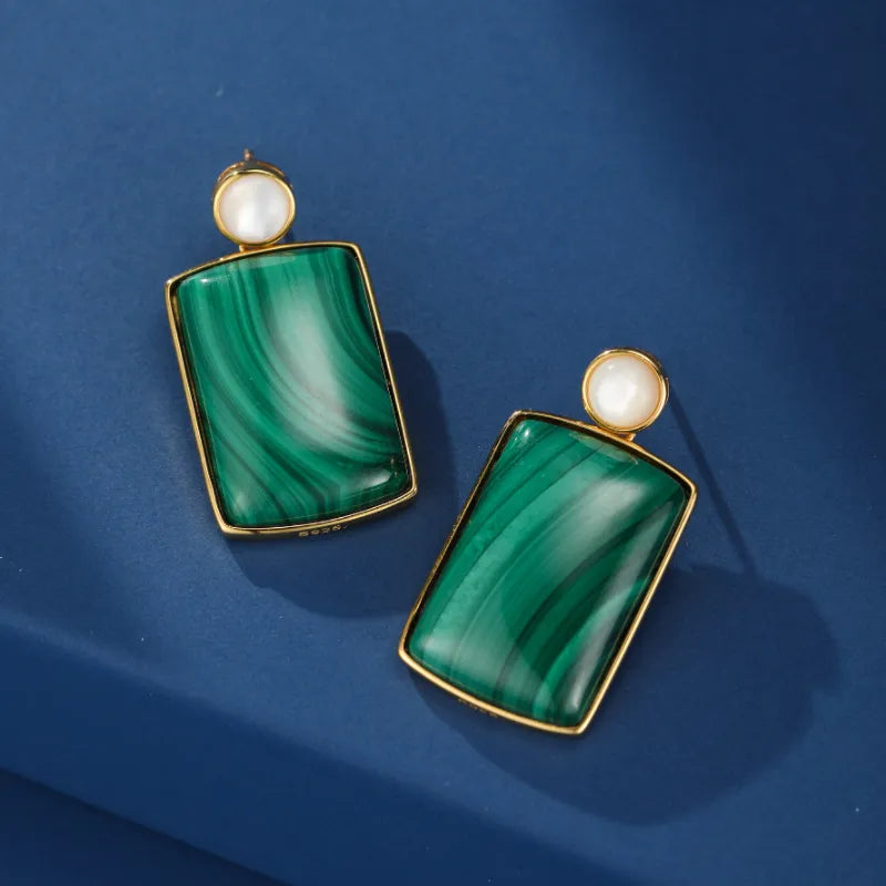 Boucles d’Oreilles Malachite et Nacre ''Sérénade'' Argent Plaqué Or