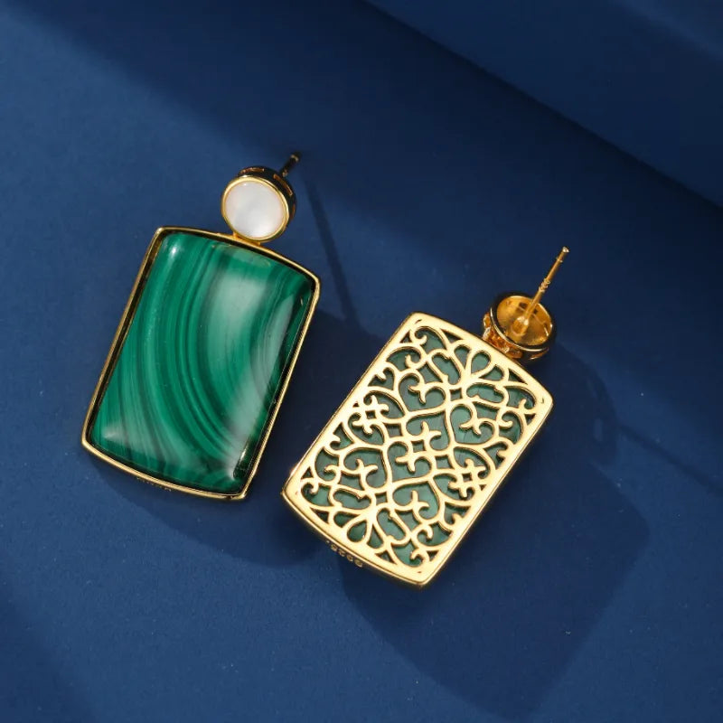 Malachite and Mother-of-Pearl Earrings ''Serenade'' Silver Plated Gold