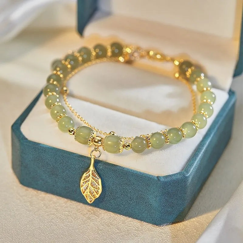 Jade Stone Bracelet - Golden Leaflet, Gold Plated Silver