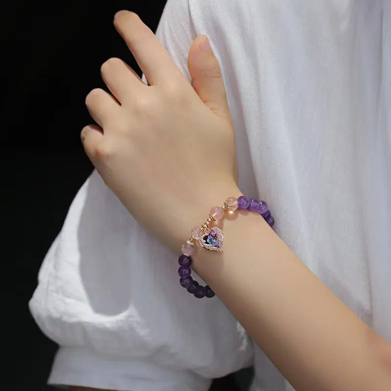 Amethyst and Strawberry Quartz Bracelet "Heart of Gold"