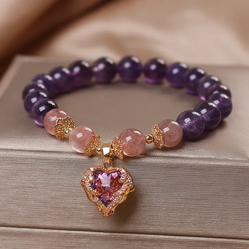 Amethyst and Strawberry Quartz Bracelet "Heart of Gold"