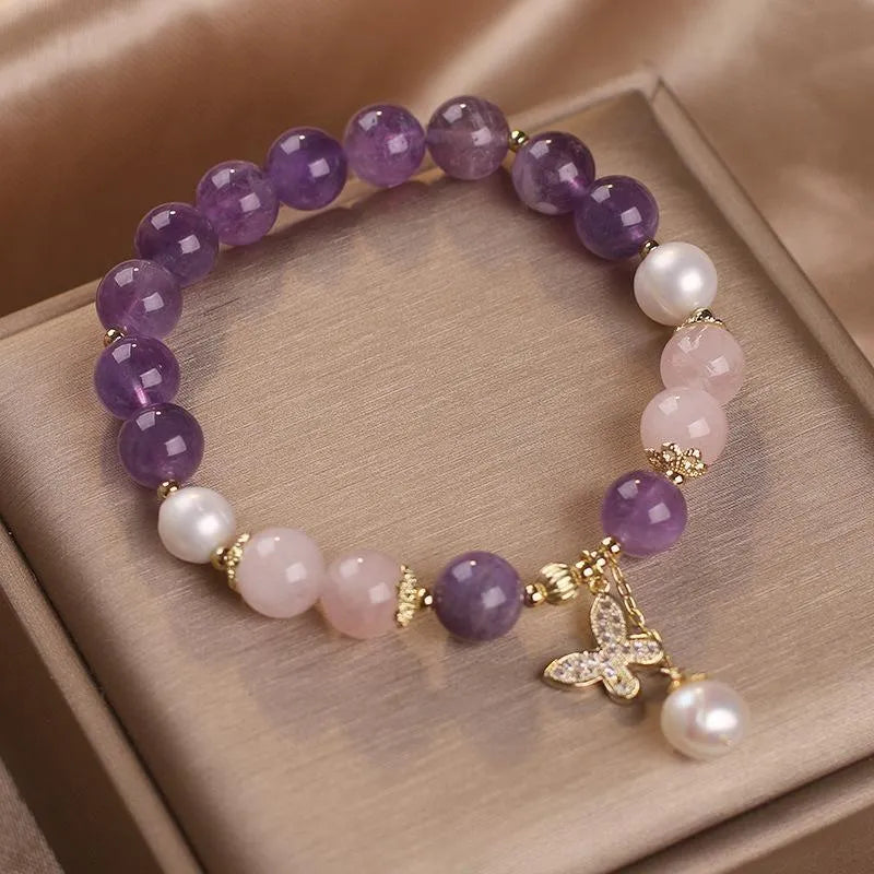 Amethyst Rose Quartz and Pearl Bracelet "Butterfly of Love"