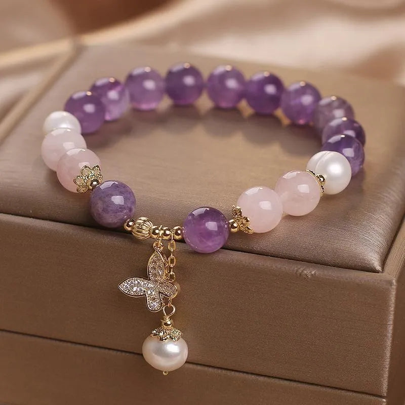 Amethyst Rose Quartz and Pearl Bracelet "Butterfly of Love"