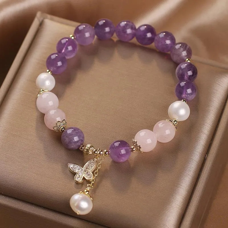 Amethyst Rose Quartz and Pearl Bracelet "Butterfly of Love"