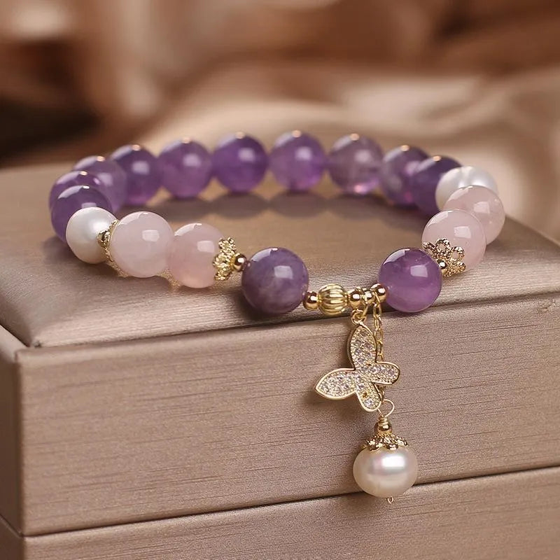 Amethyst Rose Quartz and Pearl Bracelet "Butterfly of Love"