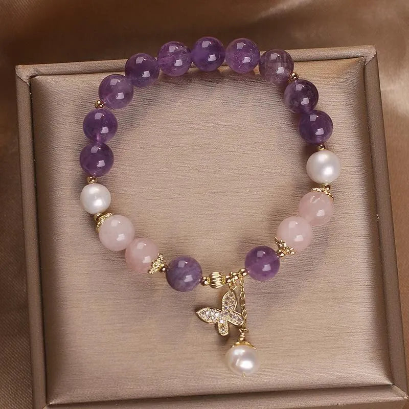 Amethyst Rose Quartz and Pearl Bracelet "Butterfly of Love"