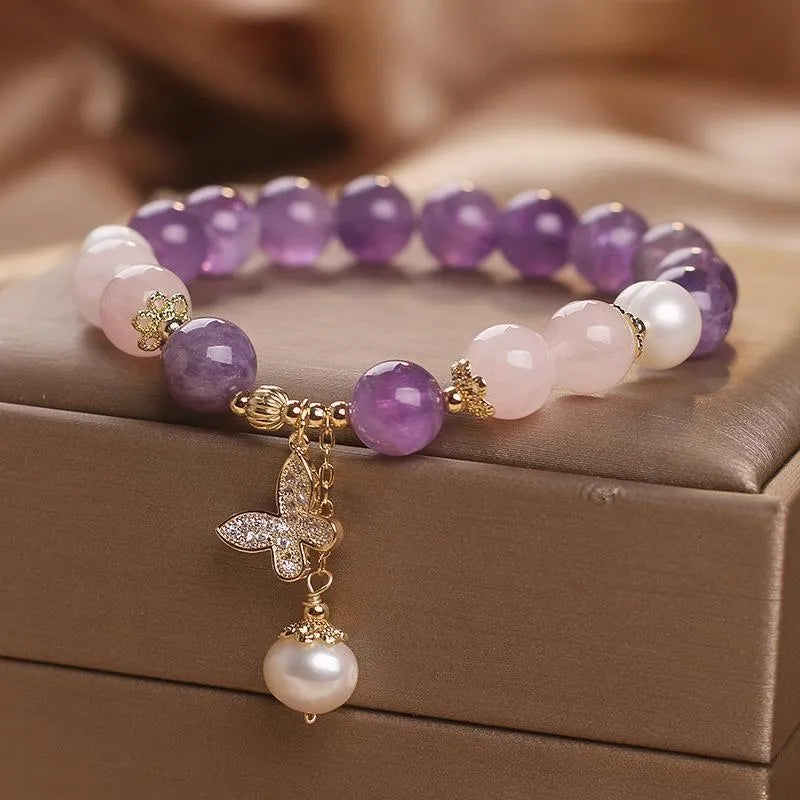 Amethyst Rose Quartz and Pearl Bracelet "Butterfly of Love"