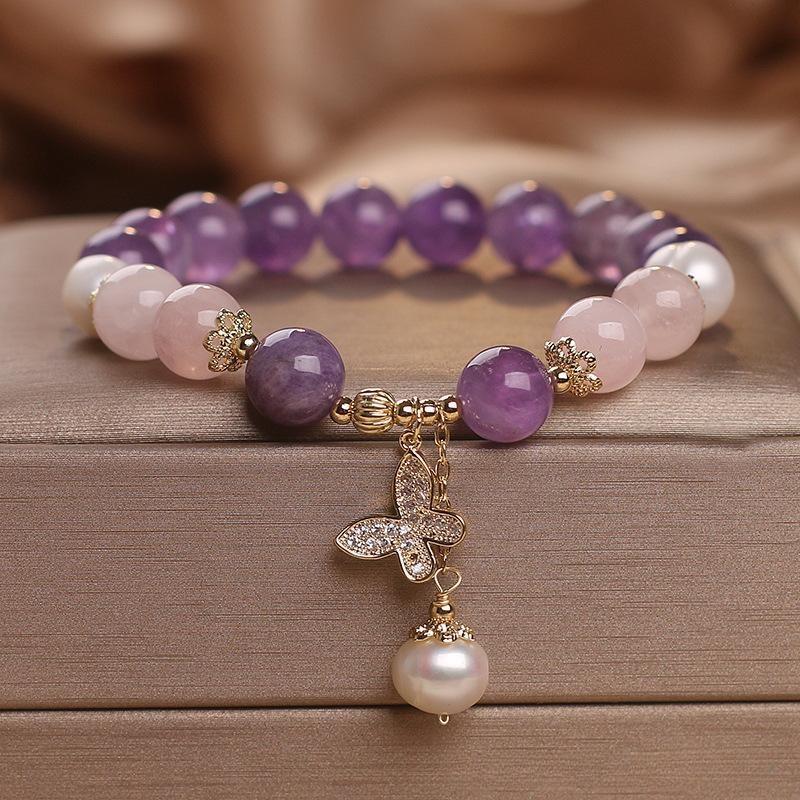 Amethyst Rose Quartz and Pearl Bracelet "Butterfly of Love"