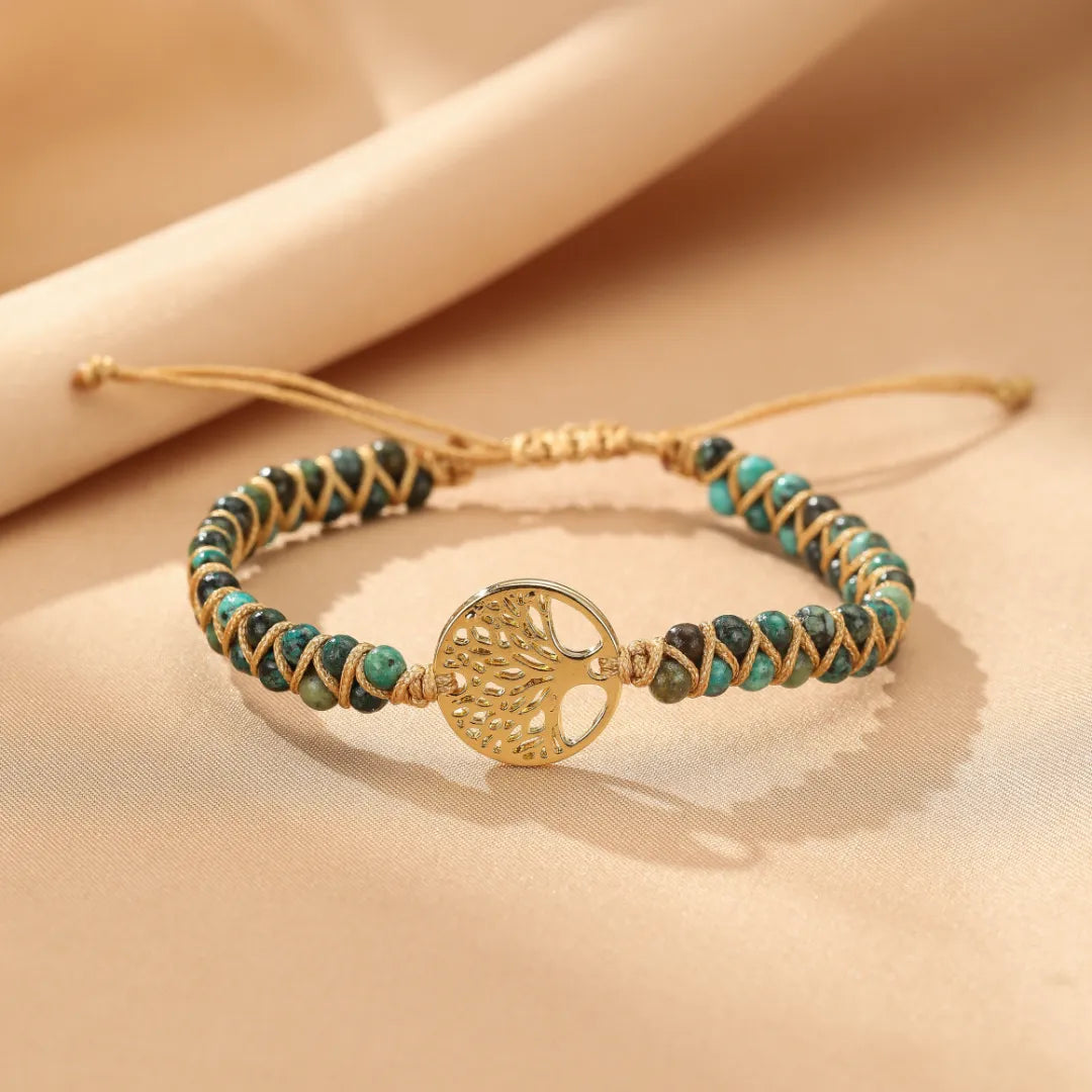 Bracelet Arbre de Vie avec perles en jaspe africain et breloque dorée, cordon réglable.