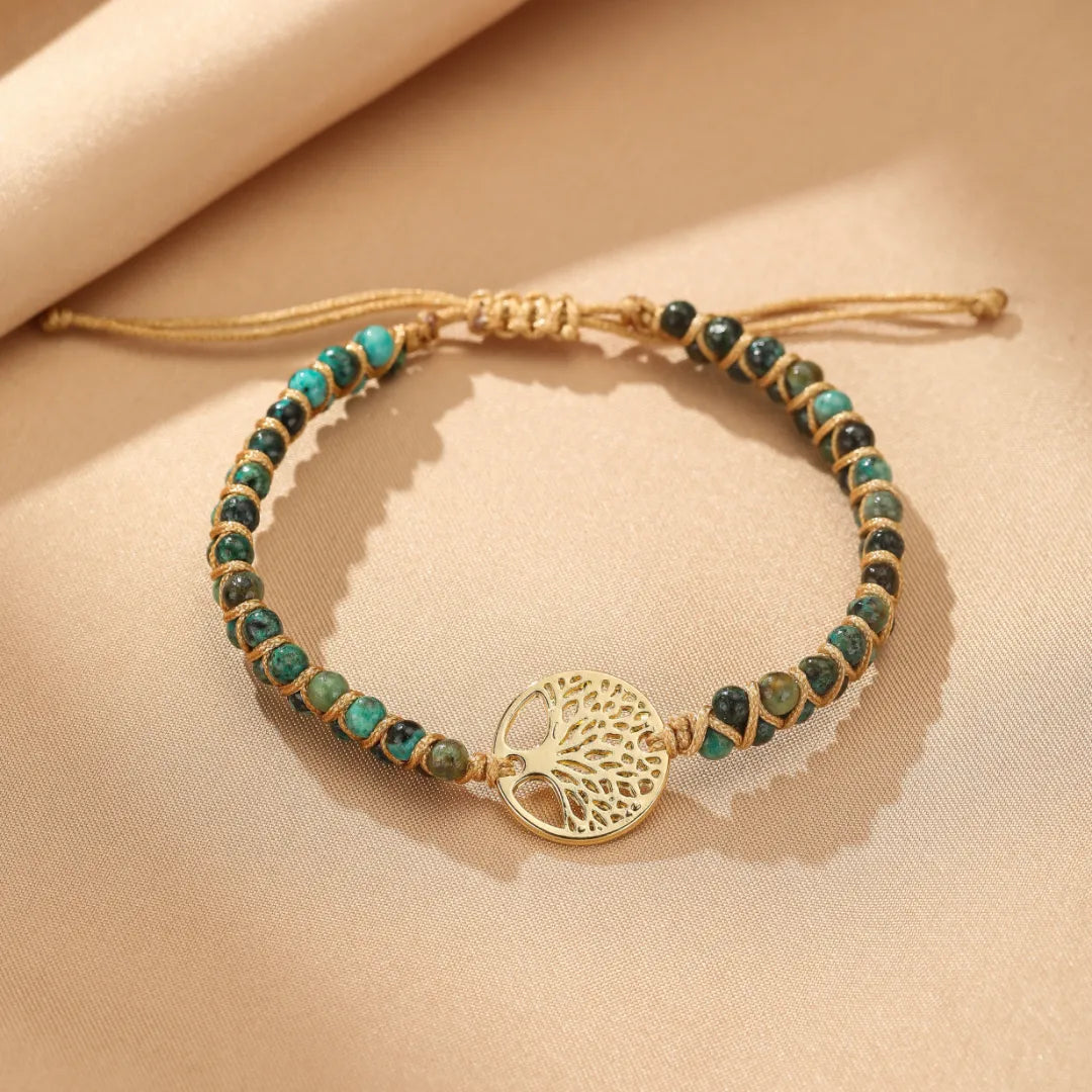 Bracelet Arbre de Vie en Jaspe Africain, perles bleues et vertes, breloque dorée Arbre de Vie, cordon réglable, style bohème.