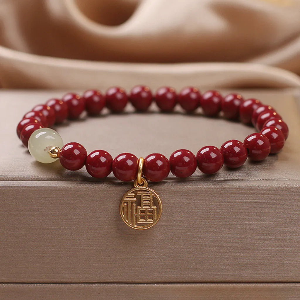 Cinnabar and Jade "Courage" Gold-Plated Silver Bracelet