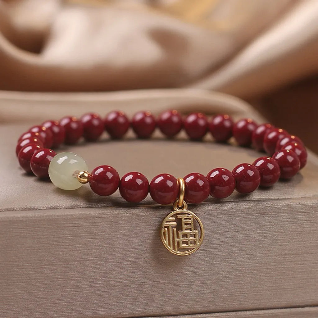 Cinnabar and Jade "Courage" Gold-Plated Silver Bracelet