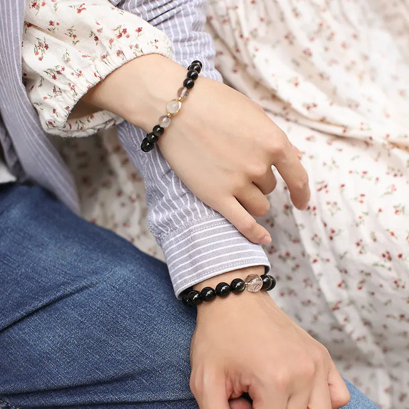 Couple Obsidian Bracelet "Loving Night" Gold Silver