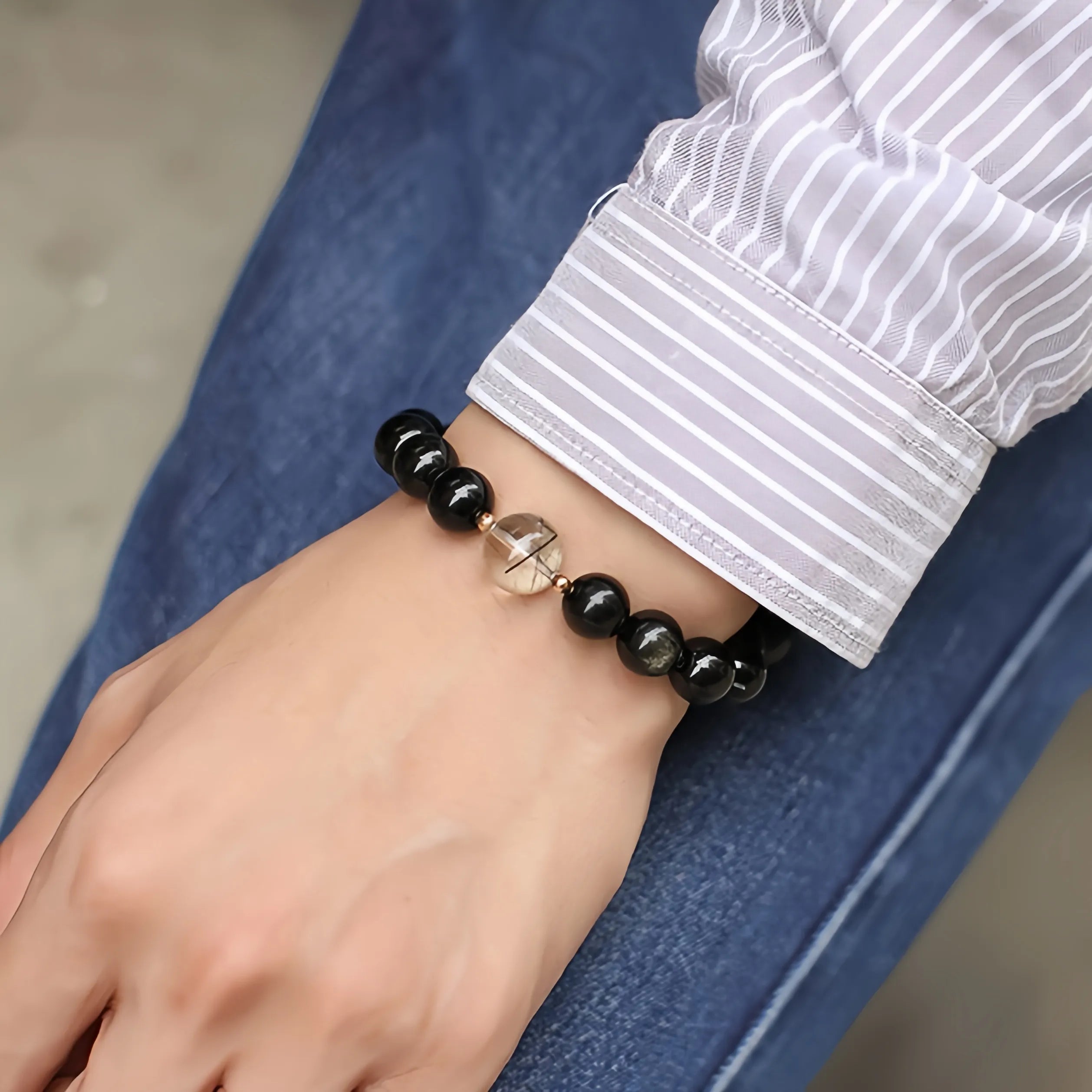 Couple Obsidian Bracelet "Loving Night" Gold Silver