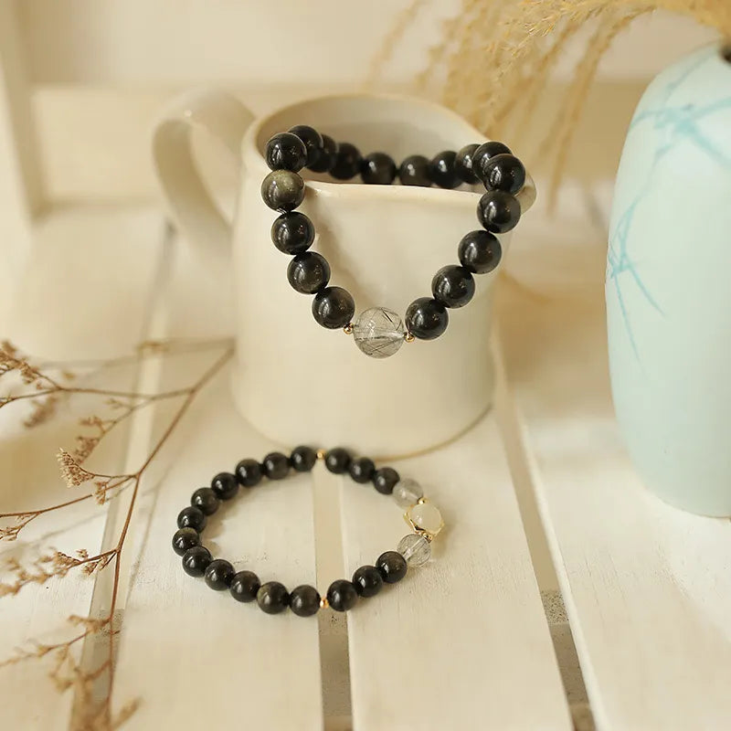 Couple Obsidian Bracelet "Loving Night" Gold Silver