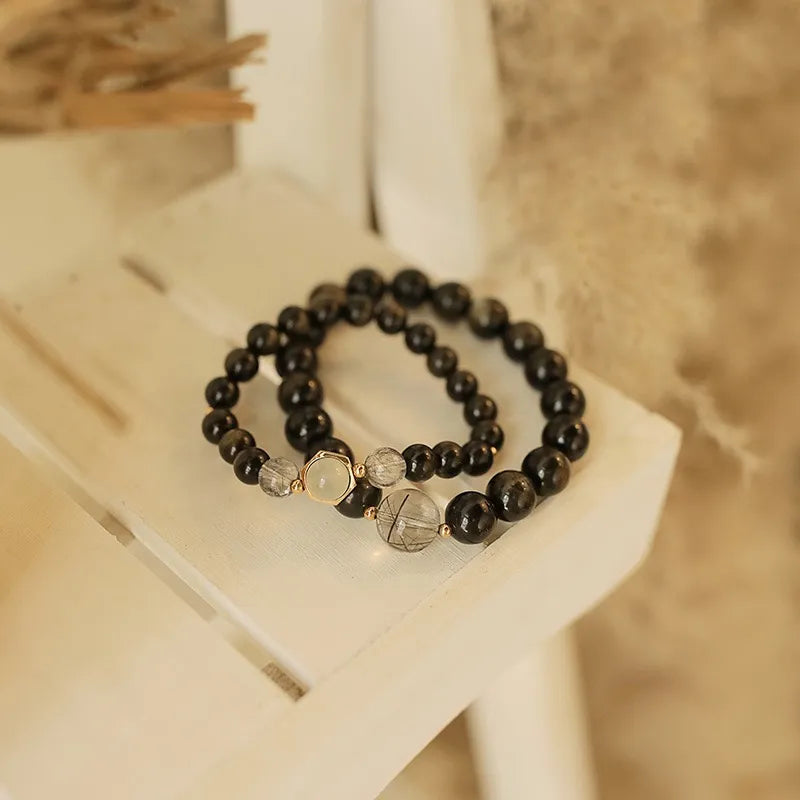 Couple Obsidian Bracelet "Loving Night" Gold Silver