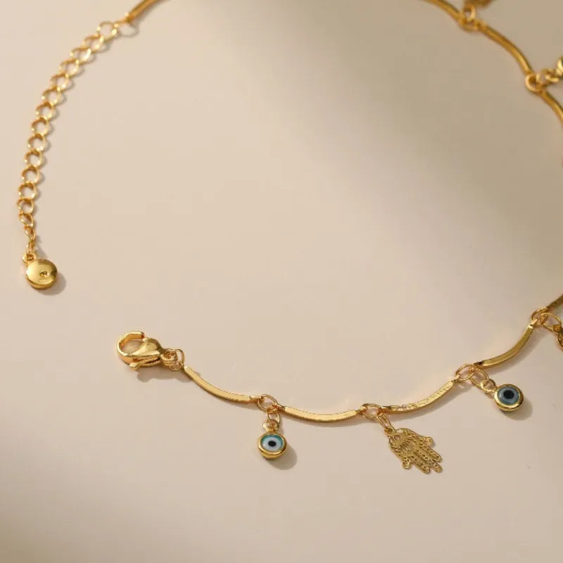 Anklet Evil Eye and Khamsa "Protective Charm" Gold Plated